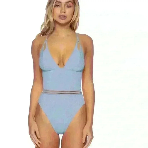 New with tags ISABELLA ROSE baby blue Over The Shoulder One Piece Swimsuit Sm - Picture 4 of 5